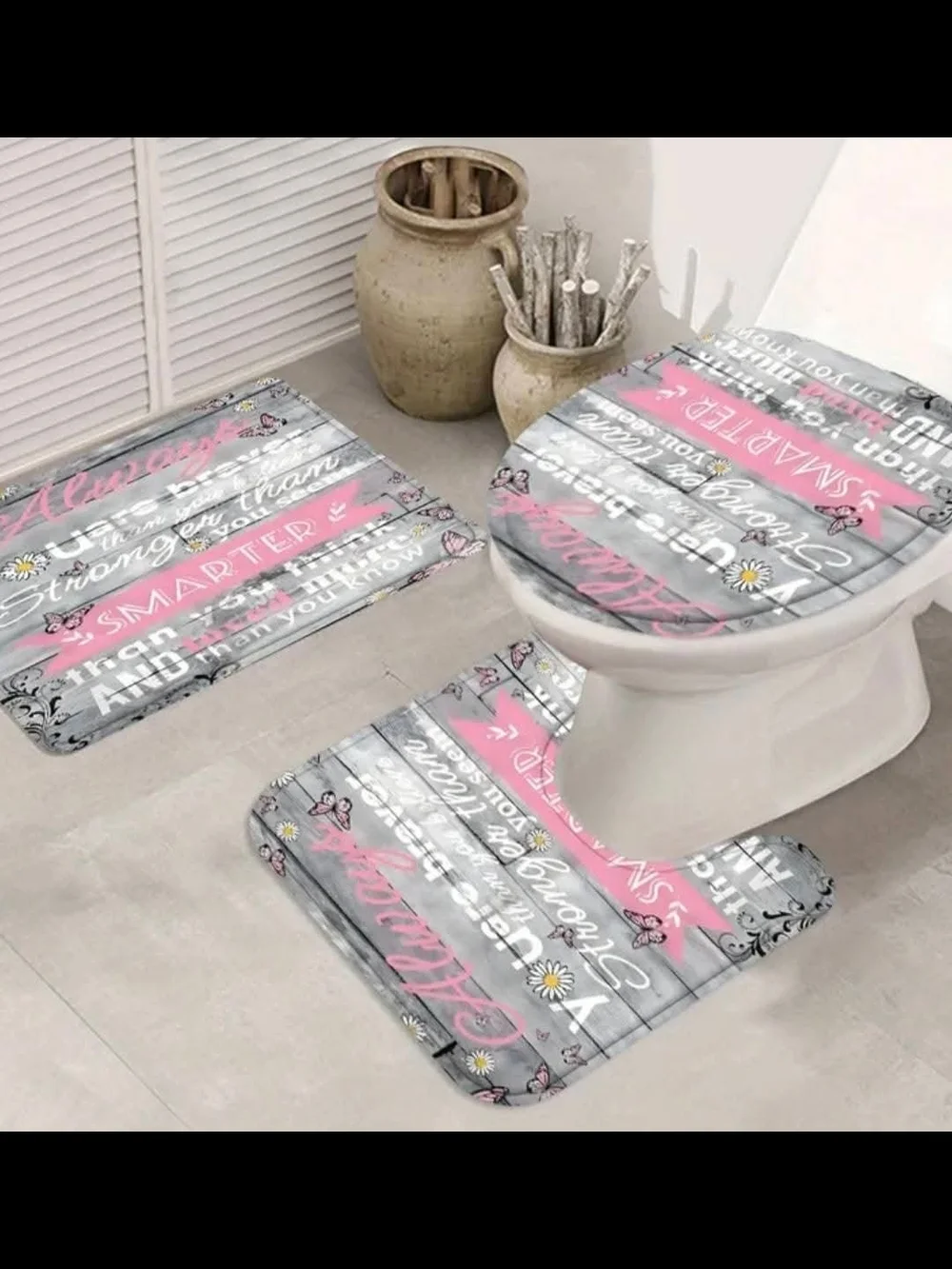 5pc Pink & White 'Always' Motivational Shower Curtain w/hooks Mats Toilet Lid Co
